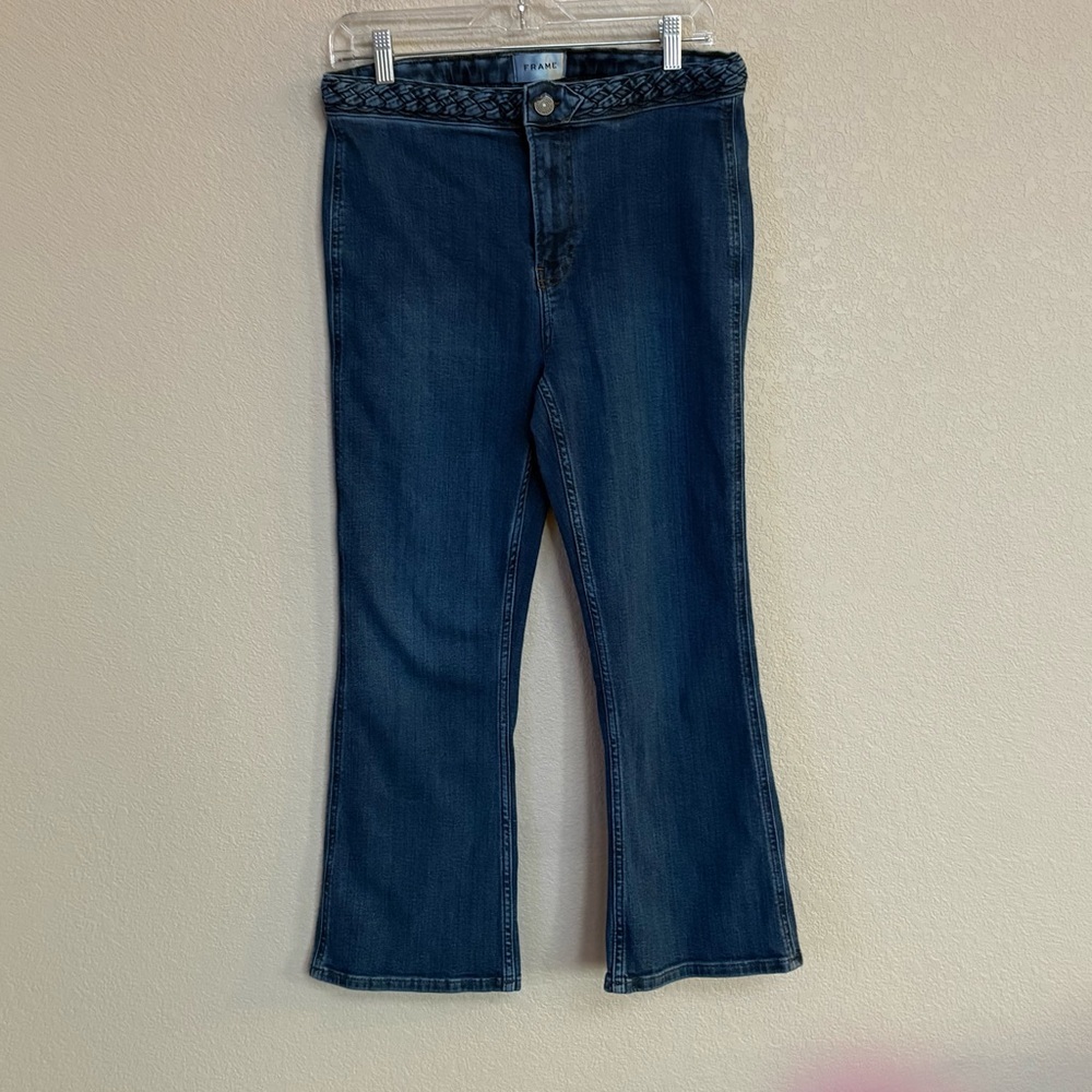 Frame Denim Dark Blue Flare Jeans with Braided Waist